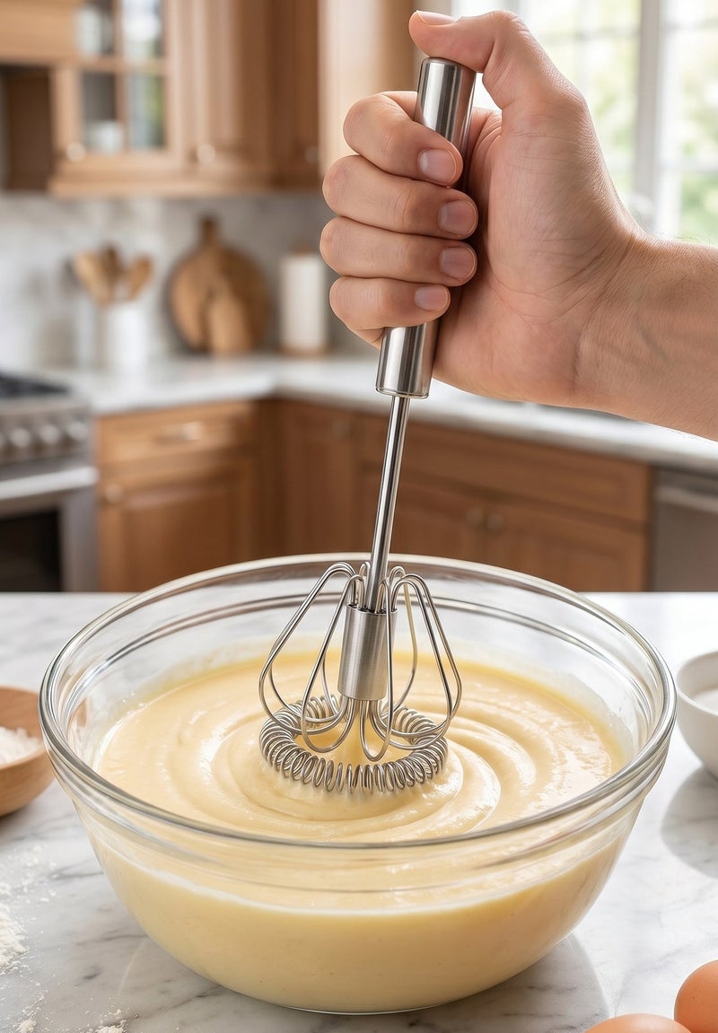 Stainless Steel Semi-Automatic Push Whisk, Manual Hand Rotary Egg Beater and Cream Mixer, Heavy-Duty Spring Loaded Kitchen Blender and Milk Frother Tool - Image 1