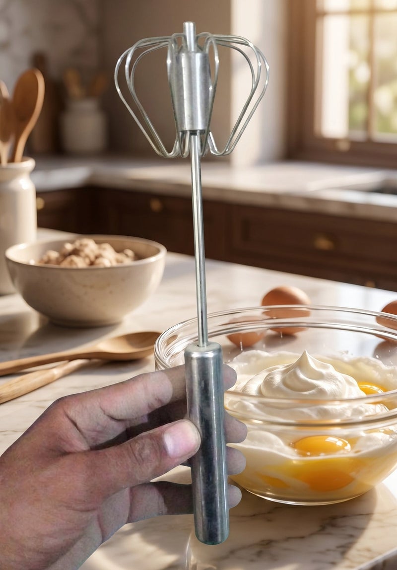 Stainless Steel Semi-Automatic Push Whisk, Manual Hand Rotary Egg Beater and Cream Mixer, Heavy-Duty Spring Loaded Kitchen Blender and Milk Frother Tool - Image 2