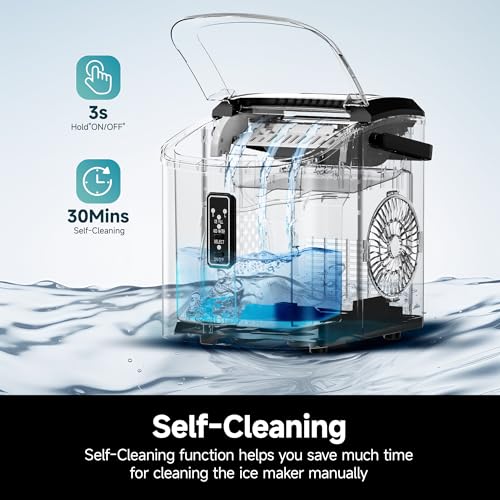 EUHOMY Ice Maker Countertop, 9 Cubes Ready in 6 Mins, 26lbs/24H, Self-Cleaning, Portable Ice Maker Machine with Carry Handle, Basket and Scoop, 2 Sizes of Bullet Ice for Home, Kitchen, Office - Image 5