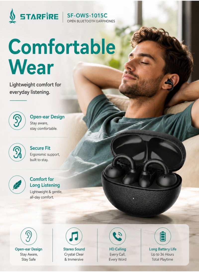 Starfire Bluetooth V6.0 Wireless Earbuds with Touch Control, Stereo Sound, IPX4 Sweat Resistant Open Ear Earbuds, 300mAh Charging Case, 10m Range, Lightweight Comfortable Earphones for Calls, Music & Daily Use - Image 3