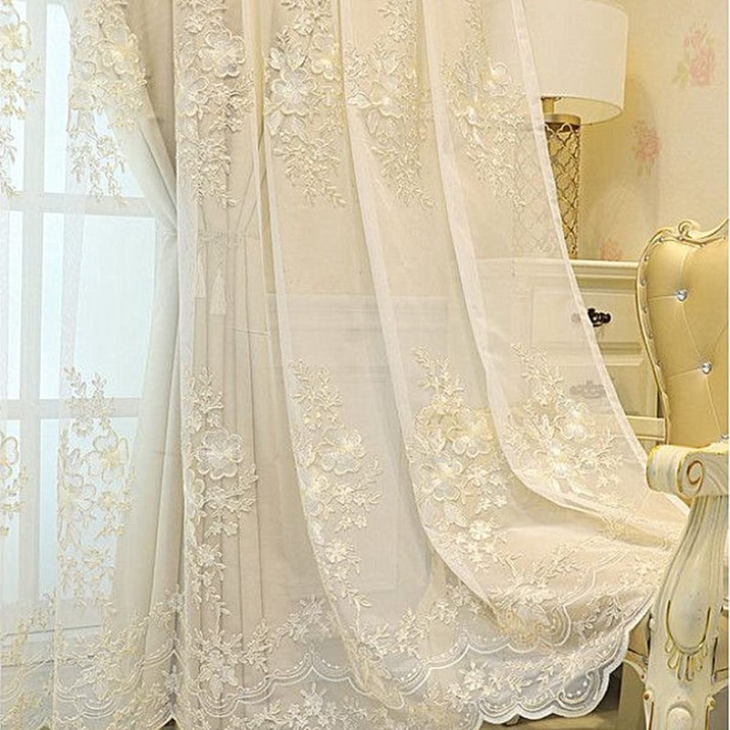 Amidoudou 1 Pair European Double Layer Curtains Luxury Flower Embroidered Curtains for Living Room Bedroom (Beige,52x84 Inch) - Image 4