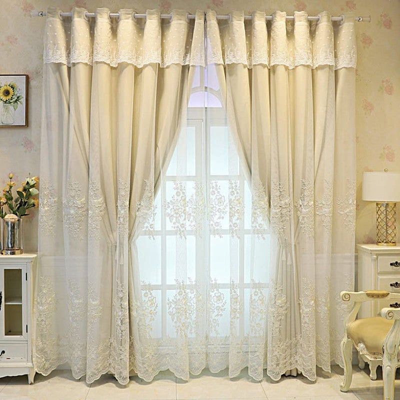 Amidoudou 1 Pair European Double Layer Curtains Luxury Flower Embroidered Curtains for Living Room Bedroom (Beige,52x84 Inch) - Image 2