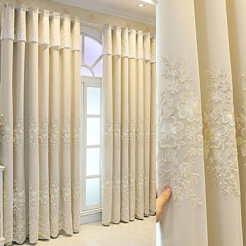 Amidoudou 1 Pair European Double Layer Curtains Luxury Flower Embroidered Curtains for Living Room Bedroom (Beige,52x84 Inch) - Image 1