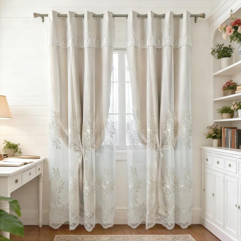 Amidoudou 1 Pair European Double Layer Curtains Luxury Flower Embroidered Curtains for Living Room Bedroom (Beige,52x84 Inch) - Image 5