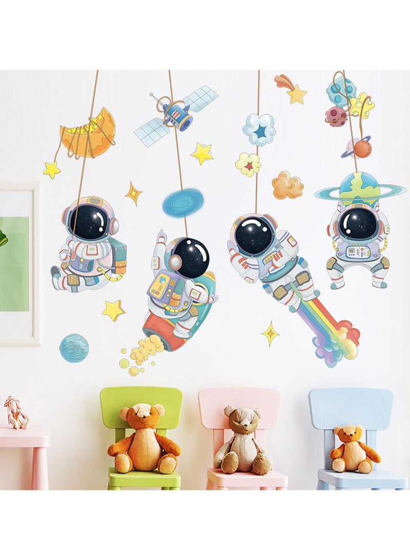 Space Astronaut Children'S Room Stars Moon Universe Starry Sky Cartoon Spaceship Cute Background Wall Sticker - Image 2