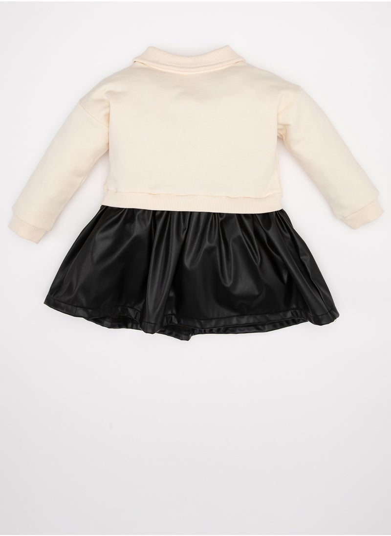 DeFacto - Crew Neck Floral Printed Faux Leather Skirt Long Sleeve Sweatshirt Dress - Image 1