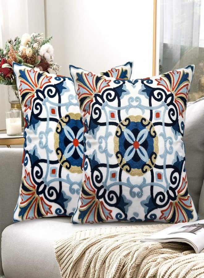 Alysheer Embroidered Fall Decorative Throw Pillow Cover 18"x 18" Set of 2, Boho Navy Blue Floral Embroidery Patterned Cotton Cushion Case for Sofa Couch Living Room Bedroom Outdoor - Image 2