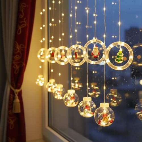 HashWOW LED Curtain String Light Plastic Ring & Wishing Ball, Warm White Window Curtain Lights with 8 Flashing Modes Decoration for Christmas Party, New Year Home Decor, Patio Lawn (Plug Powered) - Image 1
