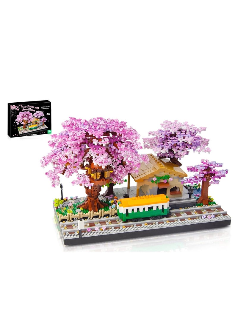 Mini Cherry Blossom Train Station Building Blocks Set, Sakura Botanical Collection Building Set for Adults, 14+ Teens, Home Decor Accessories, 3668 Pcs  - Image 1