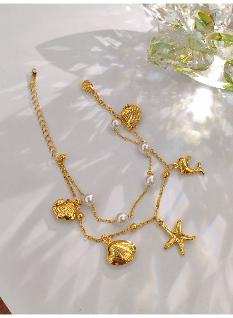 Ocean style double-layer bracelet, shell dolphin bracelet, pearl bracelet - Image 2