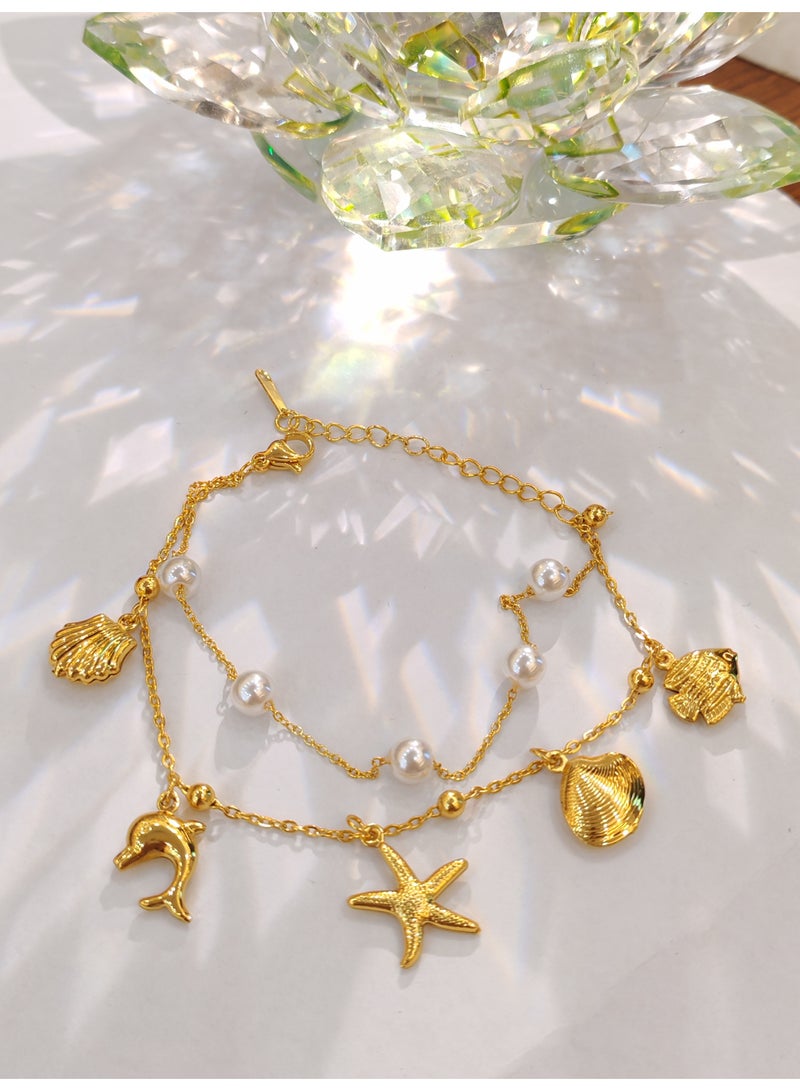 Ocean style double-layer bracelet, shell dolphin bracelet, pearl bracelet - Image 5