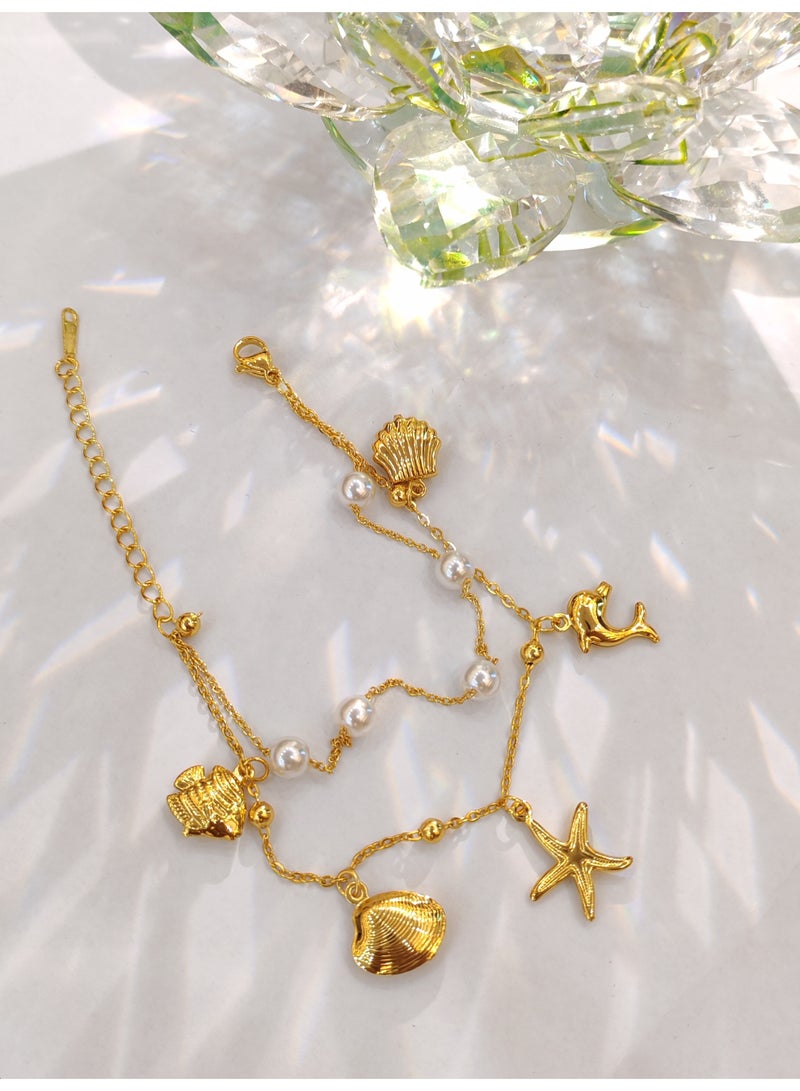 Ocean style double-layer bracelet, shell dolphin bracelet, pearl bracelet - Image 3