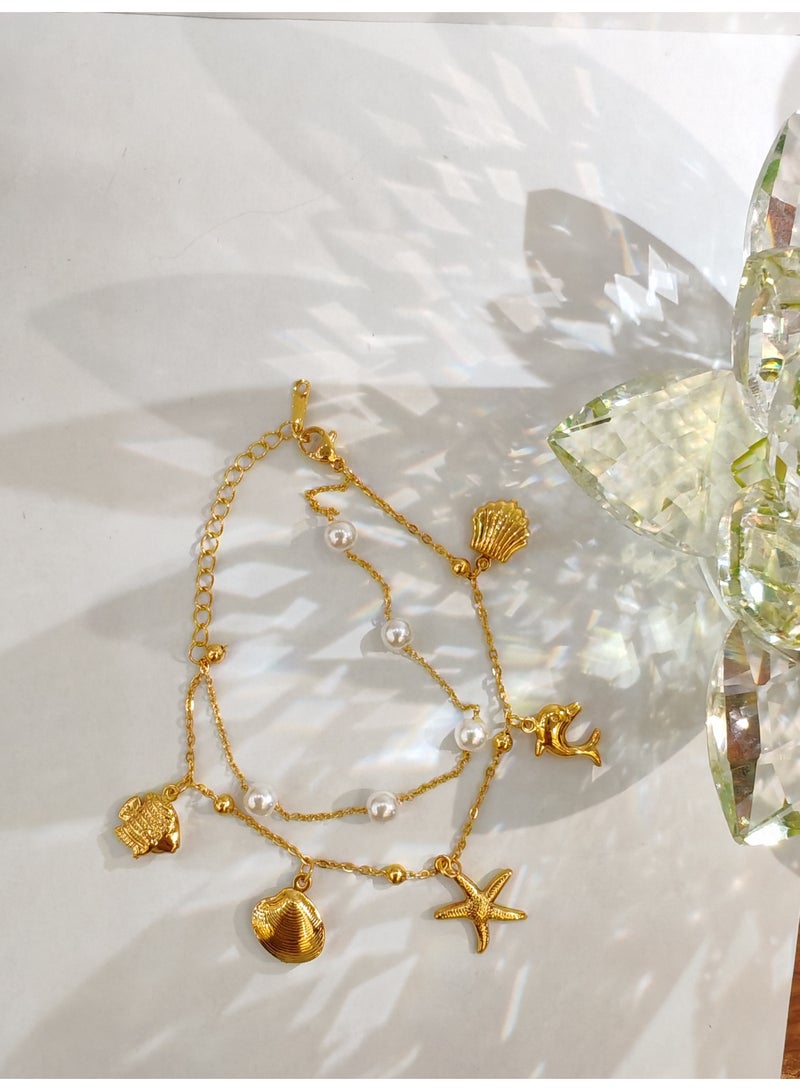 Ocean style double-layer bracelet, shell dolphin bracelet, pearl bracelet - Image 4