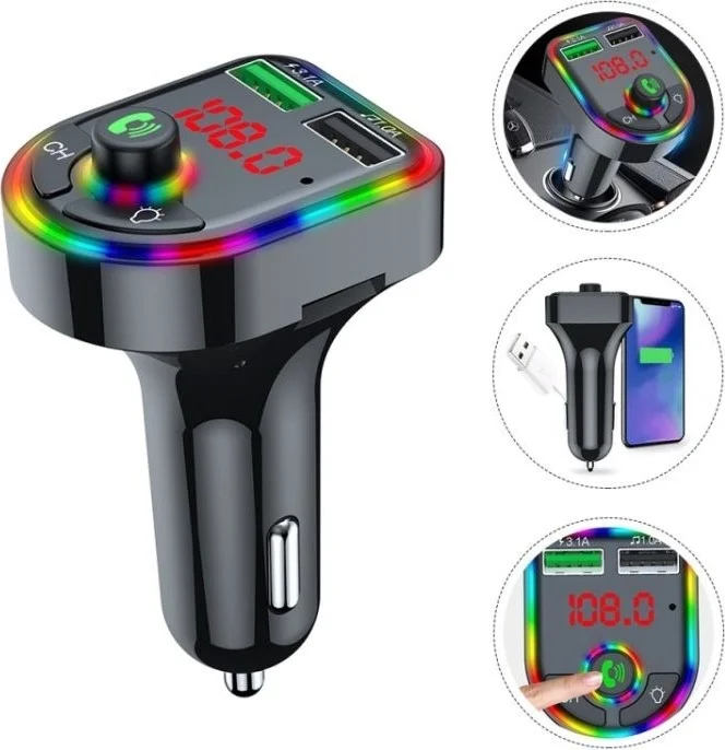CONCORD C613 RGB Illuminated Bluetooth USB Memory, Memory Card and FM Transmitter with 3.1A+1A Charging Port