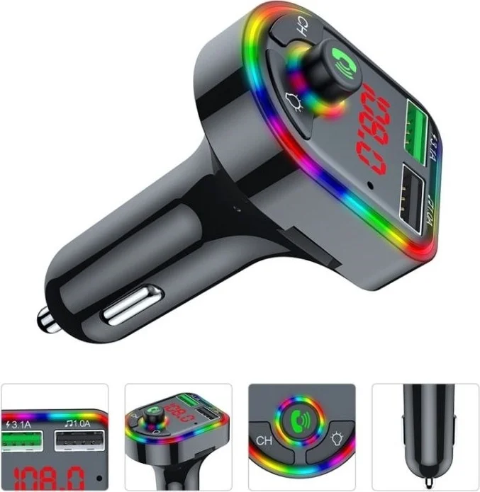 CONCORD C613 RGB Illuminated Bluetooth USB Memory, Memory Card and FM Transmitter with 3.1A+1A Charging Port