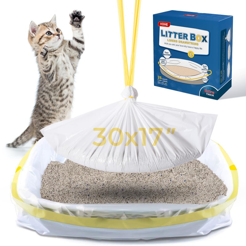 KONE KONE Cat Litter Box Liners 26 Count Extra Durable Large Drawstring Kitty Litter Pan Bags 30 x 17 
