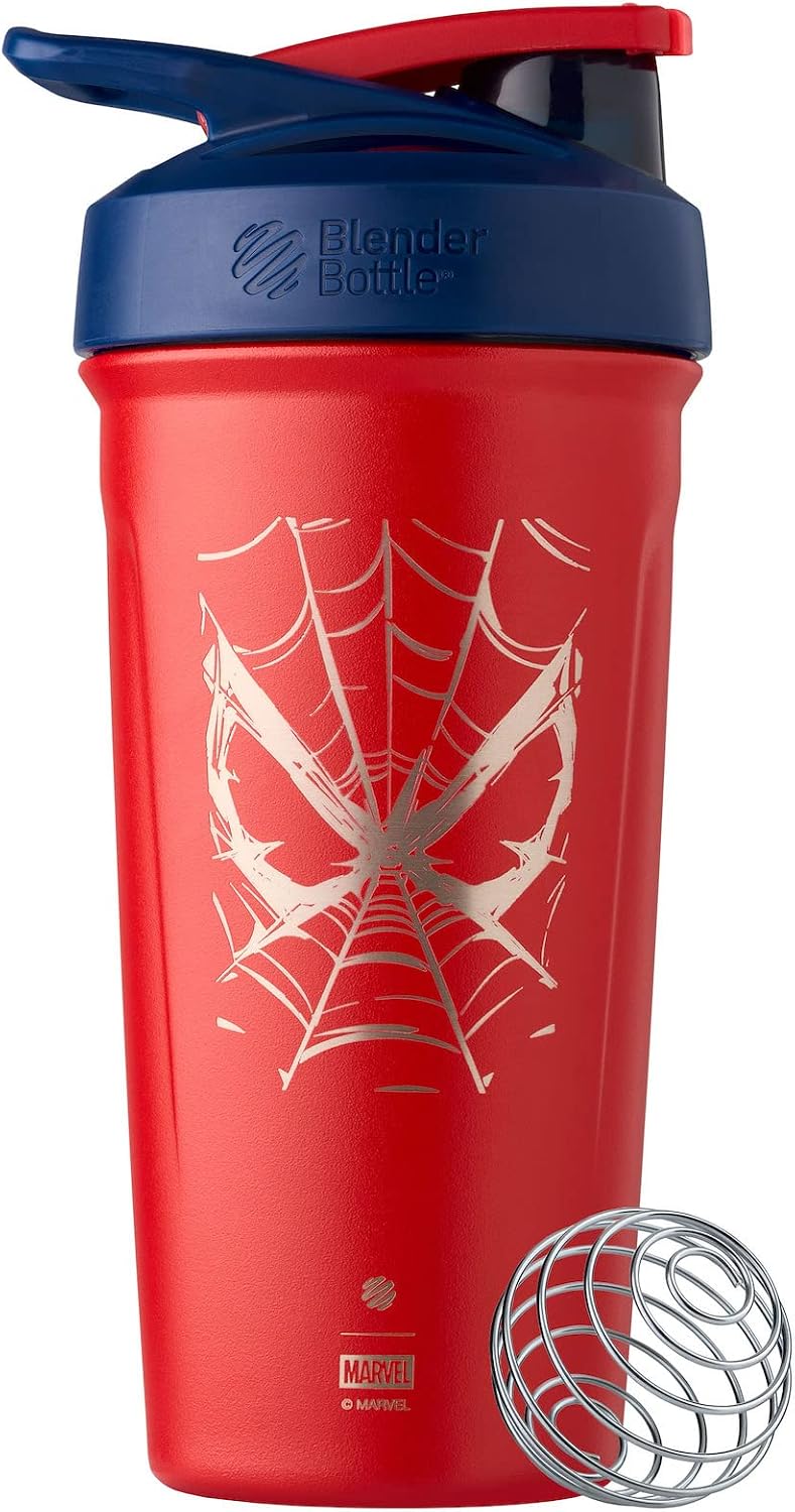 BlenderBottle Blender Bottle Marvel Strada Shaker Cup Insulated Stainless Steel Water with Wire Whisk, 24-Ounce, Spiderman Web - Image 1