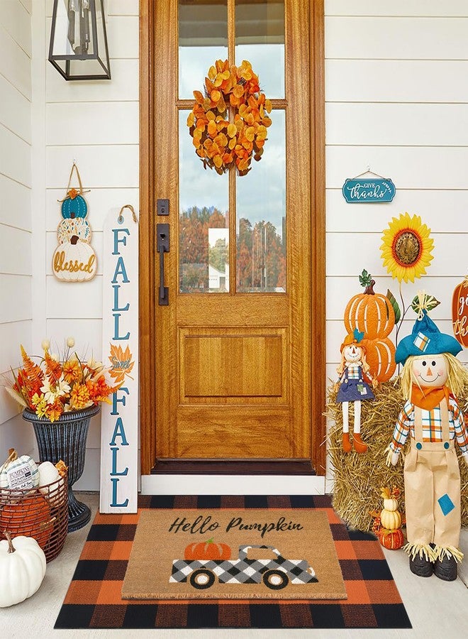 Fallovea Fall Door Mat Combo Set, Hello Pumpkin Coco Coir Welcome Doormat + 28" x 43" Orange and Black Plaid, Autumn Thanksgiving Front Porch Entryway Decor Floor Mats - Image 1