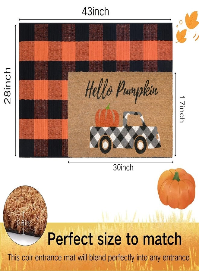 Fallovea Fall Door Mat Combo Set, Hello Pumpkin Coco Coir Welcome Doormat + 28" x 43" Orange and Black Plaid, Autumn Thanksgiving Front Porch Entryway Decor Floor Mats - Image 2