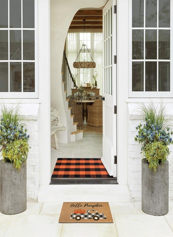 Fallovea Fall Door Mat Combo Set, Hello Pumpkin Coco Coir Welcome Doormat + 28" x 43" Orange and Black Plaid, Autumn Thanksgiving Front Porch Entryway Decor Floor Mats - Image 4