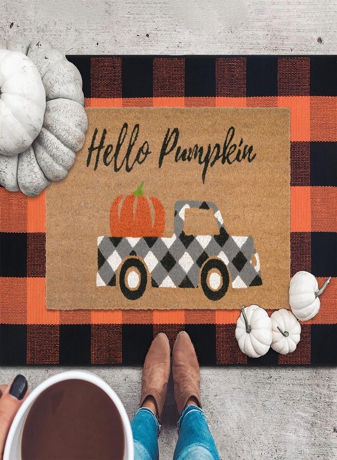 Fallovea Fall Door Mat Combo Set, Hello Pumpkin Coco Coir Welcome Doormat + 28" x 43" Orange and Black Plaid, Autumn Thanksgiving Front Porch Entryway Decor Floor Mats - Image 3