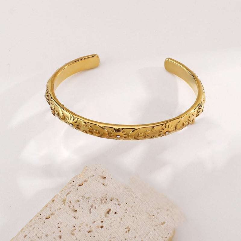Dtja Embossed Moon Star Sun Bangle Cuff Bracelet for Women Fashion CZ Insected Celestial Open Adjustable Statement Bracelets Lightweight Boho Wrist Wrap Dress Accessories Jewelry Gift (Gold-Tone) - Image 5