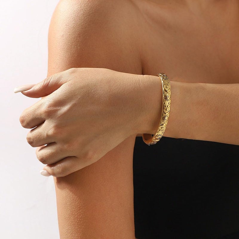 Dtja Embossed Moon Star Sun Bangle Cuff Bracelet for Women Fashion CZ Insected Celestial Open Adjustable Statement Bracelets Lightweight Boho Wrist Wrap Dress Accessories Jewelry Gift (Gold-Tone) - Image 3