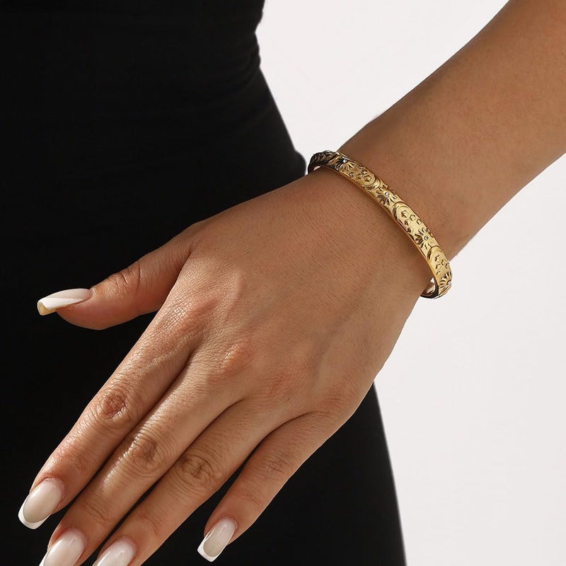 Dtja Embossed Moon Star Sun Bangle Cuff Bracelet for Women Fashion CZ Insected Celestial Open Adjustable Statement Bracelets Lightweight Boho Wrist Wrap Dress Accessories Jewelry Gift (Gold-Tone) - Image 2