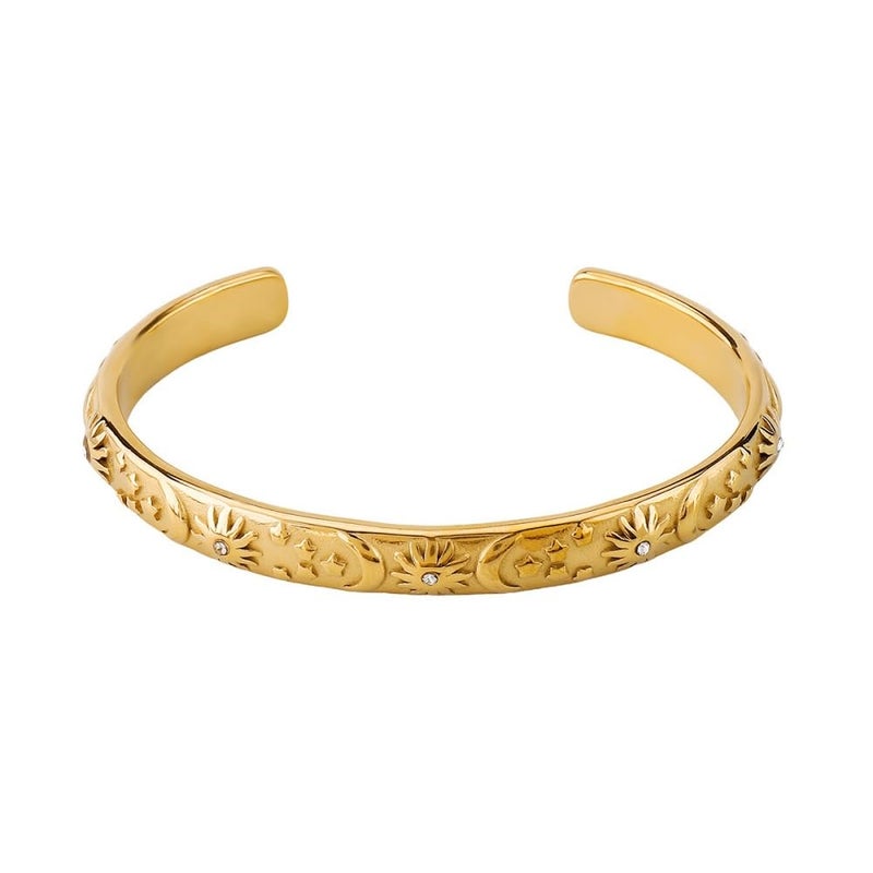 Dtja Embossed Moon Star Sun Bangle Cuff Bracelet for Women Fashion CZ Insected Celestial Open Adjustable Statement Bracelets Lightweight Boho Wrist Wrap Dress Accessories Jewelry Gift (Gold-Tone) - Image 1
