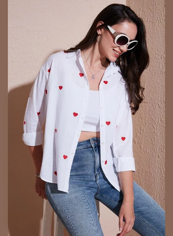 Lela Lela Cotton and Linen Blend Regular Fit Heart Printed Shirt Women's SHIRT 6779932