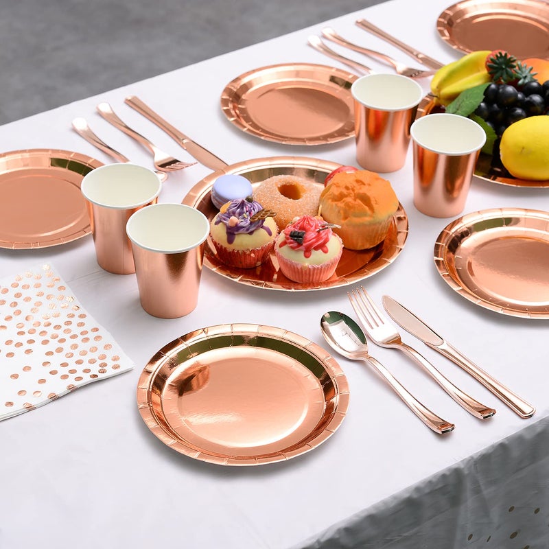 YAOSHENG 200 Pieces Solid Rose Gold Party Supplies - Rose Gold Paper Plates & Napkins Cups Silverware Serves 25 Sets for Wedding Bridal Shower Engagement Birthday Parties (Rose gold) - Image 4