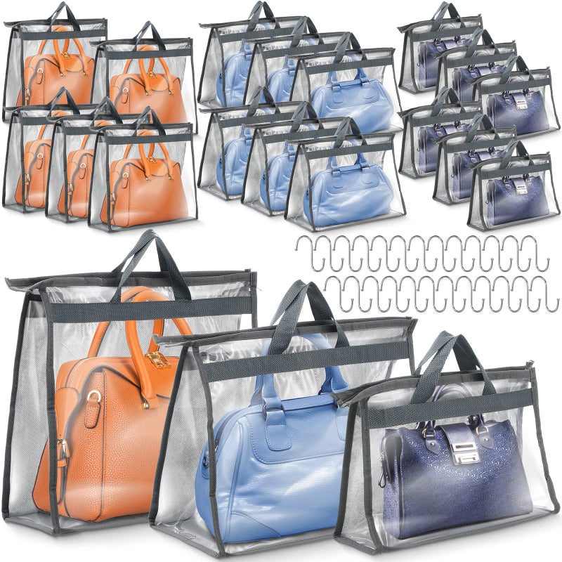 Chumia 20 Pack Dust Bags for Handbags Clear Handbag Storage Organizer 3 Sizes Purse Storage Organizer for Closets Dust Cover Purse Protector Bag with Zipper and Handles with 25 Pcs S HooksGrey