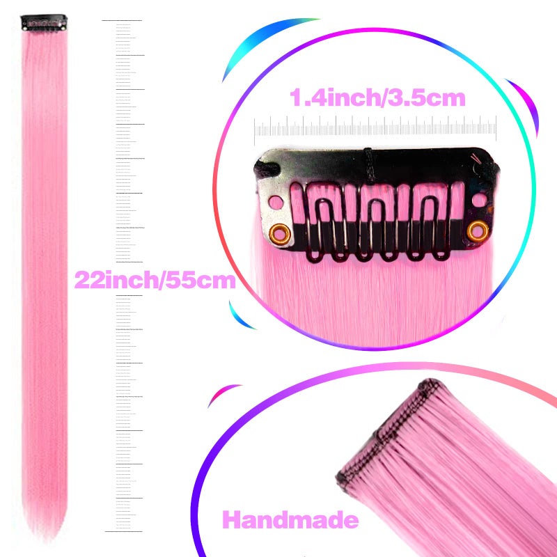GPOVVIMX 12 PCS Pink Hair Extensions Clip in, Colored Party Highlights Extension for Kids Girls Synthetic Hairpiece Straight 22 inch - Image 3
