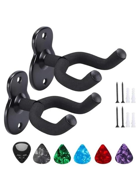Guitar Wall Mount 2 Pack,  All-steel Guitar Hanger Wall Hook Holder Stand with Soft Sponge Cover, Guitar Holder Hook Stand Wall for Acoustic, Electric Guitar, Banjo, Bass, Black