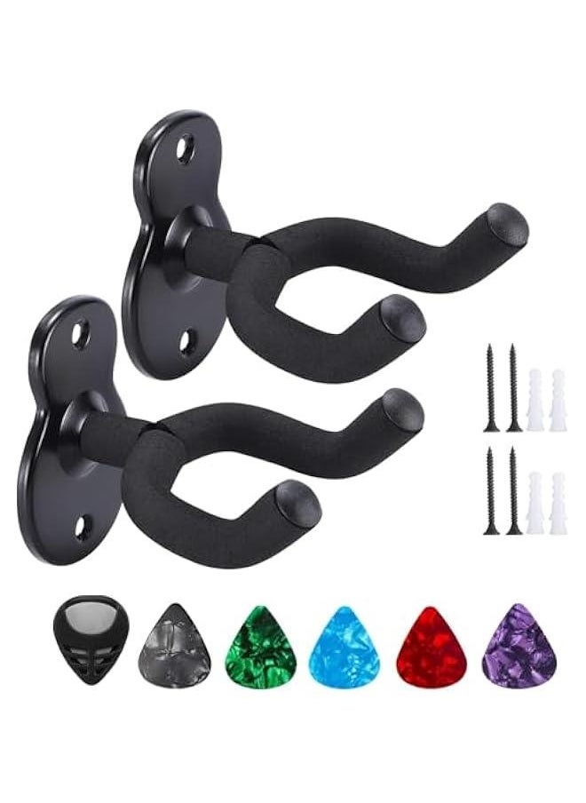 Guitar Wall Mount 2 Pack,  All-steel Guitar Hanger Wall Hook Holder Stand with Soft Sponge Cover, Guitar Holder Hook Stand Wall for Acoustic, Electric Guitar, Banjo, Bass, Black