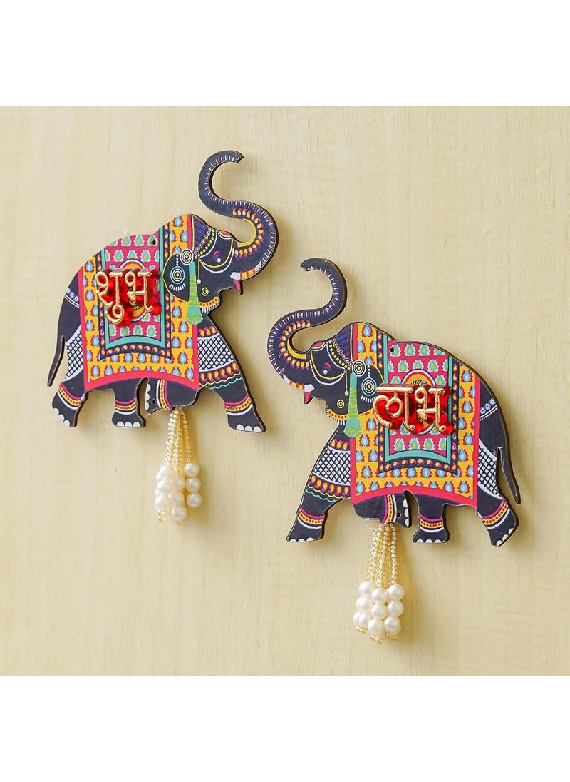 Webelkart Webelkart Premium Elephant Designer Set of 2 with Shubh Labh Wall Hanging for Diwali Decoration| Wall Decor |Temple Decor Wall Hanging |Pooja and Home Decor Hanging (5.5" Inches)  - Image 1