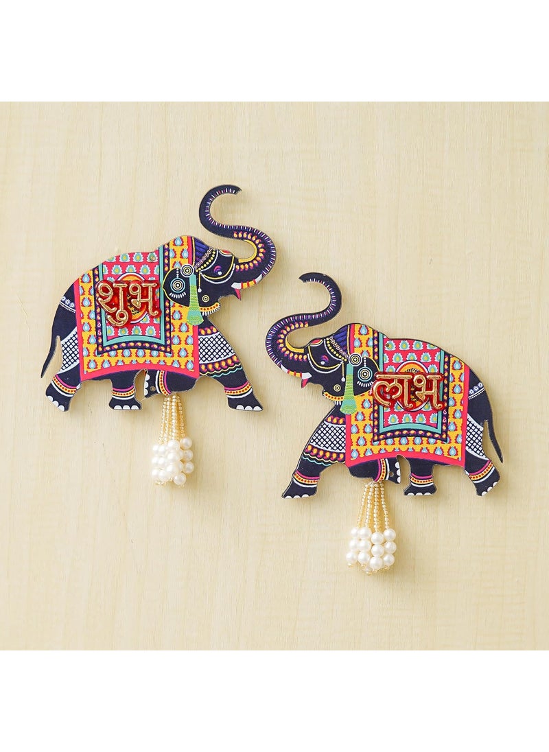 Webelkart Webelkart Premium Elephant Designer Set of 2 with Shubh Labh Wall Hanging for Diwali Decoration| Wall Decor |Temple Decor Wall Hanging |Pooja and Home Decor Hanging (5.5" Inches)  - Image 2