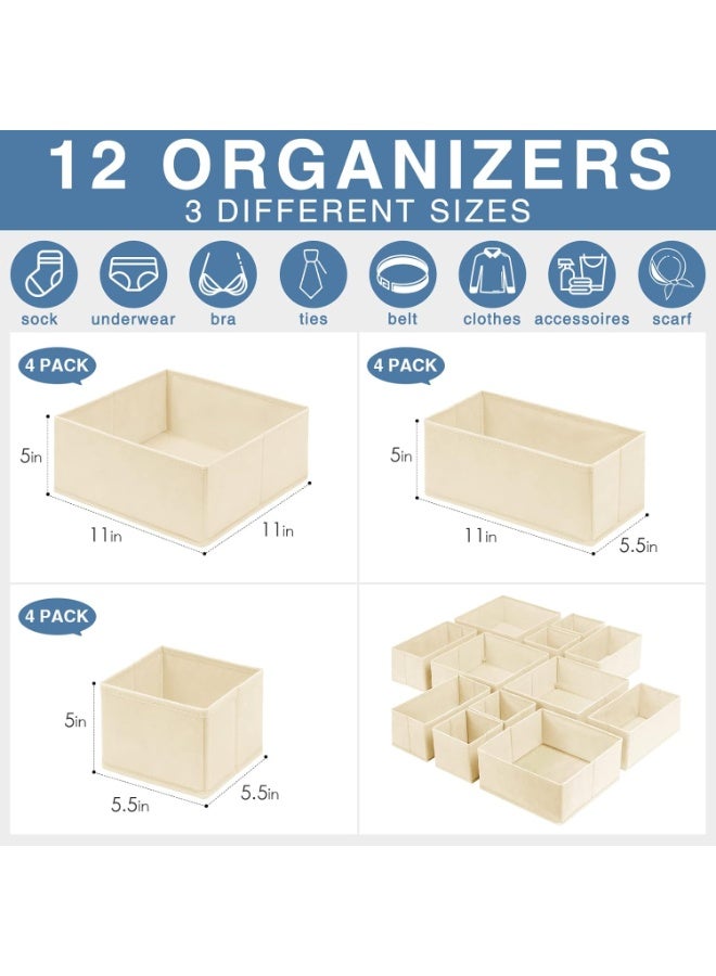 Bukela Drawer Organizer for Clothing, 12 Pack Sock Underwear Drawer Organizer Bins, Foldable Fabric Closet Organizers and Storage, Dresser Drawer Dividers for Baby Clothes, Scarves, Belt, Tie- Beige - Image 5