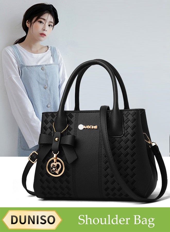 DUNISO Women's Shoulder Bag, Soft Leather Messenger Bag, Simple And Fashionable Embroidered Handbag, With Round Love Flower Pendant, Adjustable Shoulder Strap, Suitable For Commuting, Travel, Shopping, Storage And Organization - Image 1