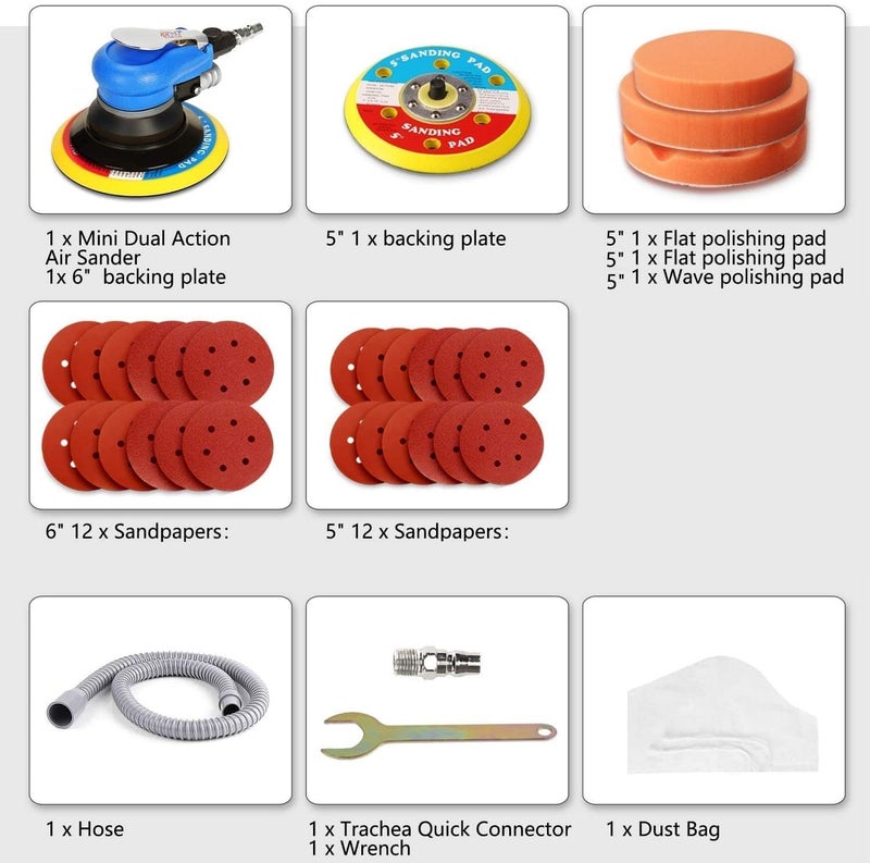KROST Random Orbital Sander 5" & 6" Pneumatic Palm Sander,Car Polisher with Extra 5" Backing Plate, Sponge Polishing Pads, Sandpapers Low Vibration and Heavy Duty for Wood, Composites, Metal - Image 3