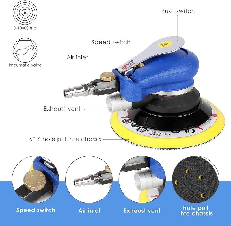 KROST Random Orbital Sander 5" & 6" Pneumatic Palm Sander,Car Polisher with Extra 5" Backing Plate, Sponge Polishing Pads, Sandpapers Low Vibration and Heavy Duty for Wood, Composites, Metal - Image 4