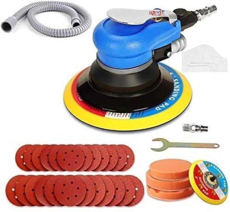 KROST Random Orbital Sander 5" & 6" Pneumatic Palm Sander,Car Polisher with Extra 5" Backing Plate, Sponge Polishing Pads, Sandpapers Low Vibration and Heavy Duty for Wood, Composites, Metal - Image 1