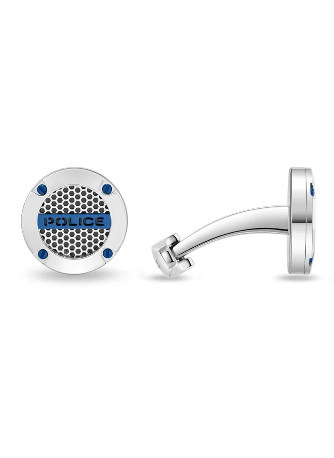 بوليس Police Fusion Cufflinks - Ion-Plated Blue Netted Design with Screwed Edge & POLICE Signature - Men's Bold Accessories