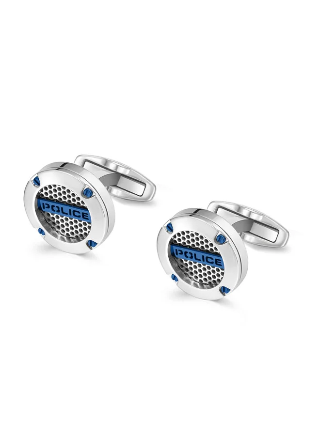 بوليس Police Fusion Cufflinks - Ion-Plated Blue Netted Design with Screwed Edge & POLICE Signature - Men's Bold Accessories