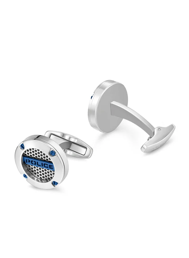 بوليس Police Fusion Cufflinks - Ion-Plated Blue Netted Design with Screwed Edge & POLICE Signature - Men's Bold Accessories