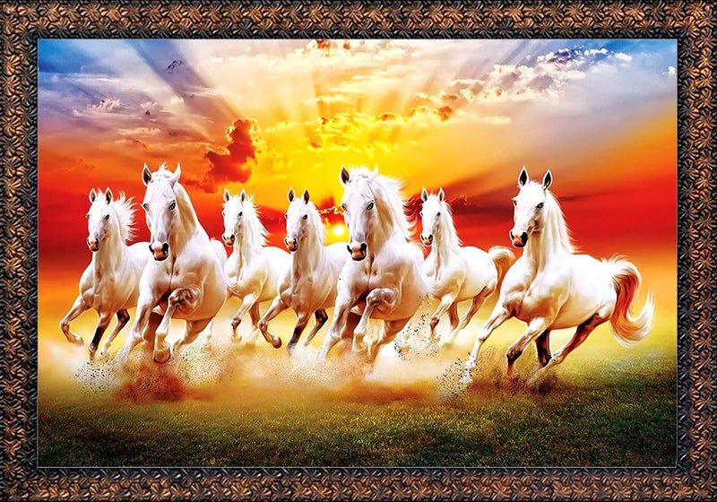 CN RETAILS CN RETAILS Beautiful 7 Horse Vastu Wall Painting with Special Effects Sparkle Lamination wood art framed Painting for home dcor Synthetic Solid Wooden Frame Brown 42cmx58cm 1420_01
