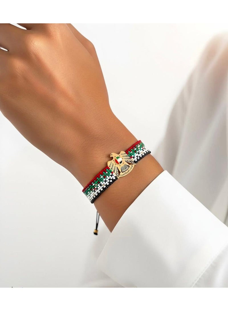 Ruby Art Gold Handwoven Miyuki Beaded Bracelet with 18K Real Gold Centerpiece , UAE Flag Design - Image 2