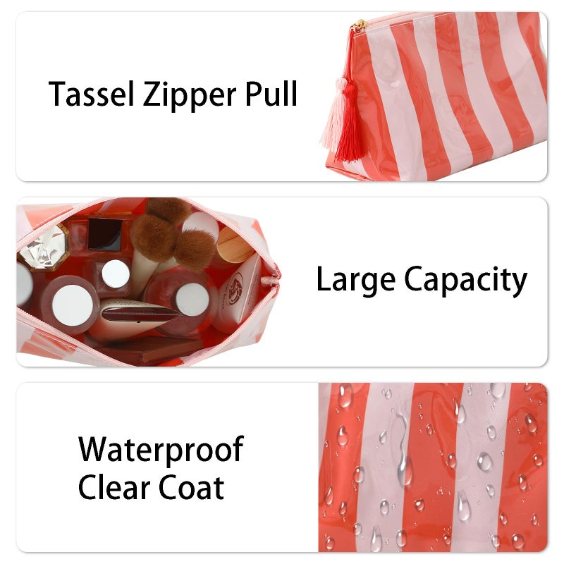 DYSHAYEN Makeup Bags for Purse,Small Clear Coated Cosmetic Bags for Women Girls, Waterproof Travel Organizer Zipper Pouch Beach Vacation Essentials (Pink-Orange) - Image 3