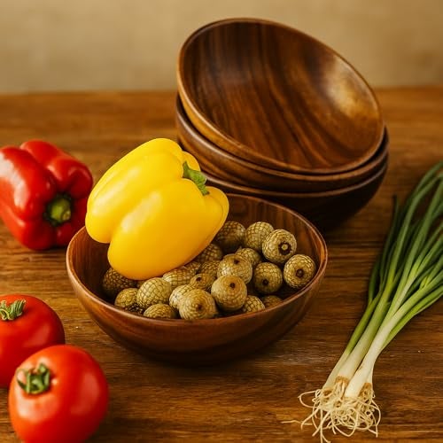 WRIGHTMART Wooden Bowls – Set of 4 Acacia Wood 7” Salad Bowl for Snacks, Fruit & Sides, Rustic Handmade Kitchenware Small Decorative Dishes for Dining & Gifting - Image 2