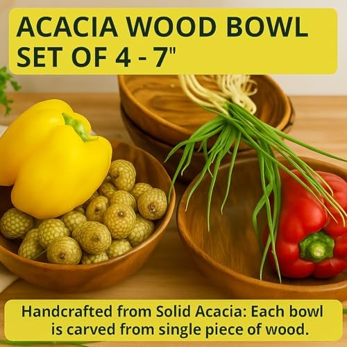 WRIGHTMART Wooden Bowls – Set of 4 Acacia Wood 7” Salad Bowl for Snacks, Fruit & Sides, Rustic Handmade Kitchenware Small Decorative Dishes for Dining & Gifting - Image 5